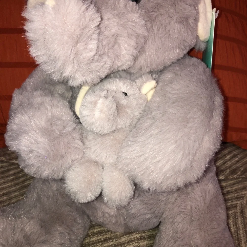 Grey plushie, stuffed animal, momma elephant holding baby. Hug me. New. 13.5” - Picture 2 of 11